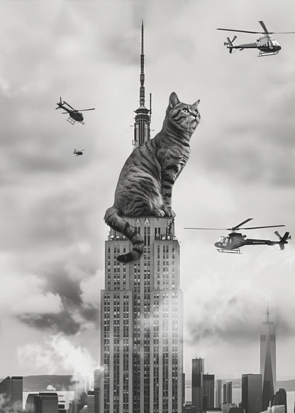 A surreal black and white image depicting a giant tabby cat sitting on top of the Empire State Building, similar to King Kong. Helicopters fly around the colossal cat against a cloudy New York City skyline. Decor