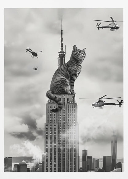 A surreal black and white image depicting a giant tabby cat sitting on top of the Empire State Building, similar to King Kong. Helicopters fly around the colossal cat against a cloudy New York City skyline. Decor