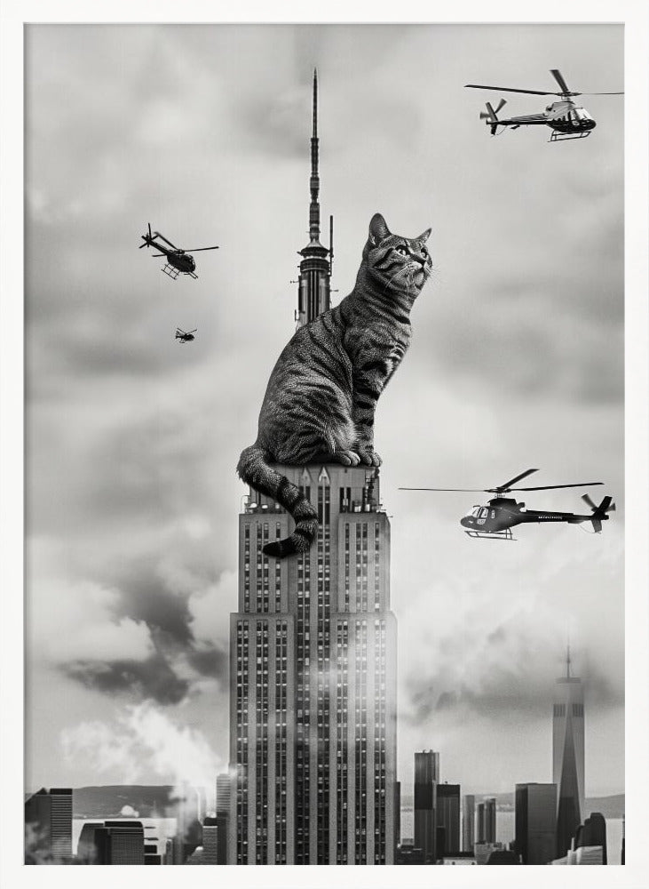 A surreal black and white image depicting a giant tabby cat sitting on top of the Empire State Building, similar to King Kong. Helicopters fly around the colossal cat against a cloudy New York City skyline. Decor