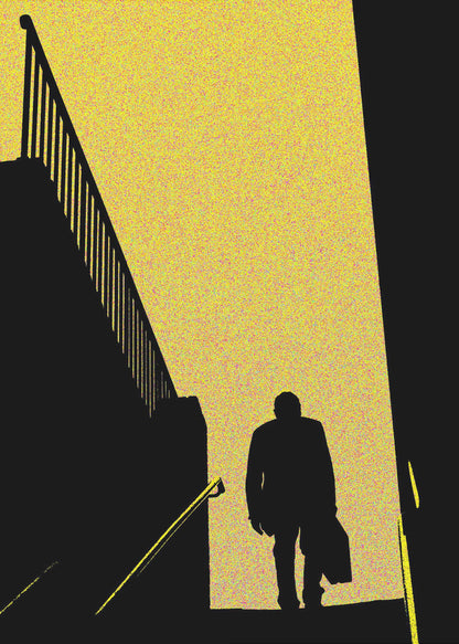 A high-contrast graphic poster featuring the black silhouette of a man walking down a flight of stairs. He is moving from a bright, speckled yellow background into a dark foreground. To the left is the stark silhouette of another staircase and railing, creating a dramatic, mysterious, film noir-style scene. Print