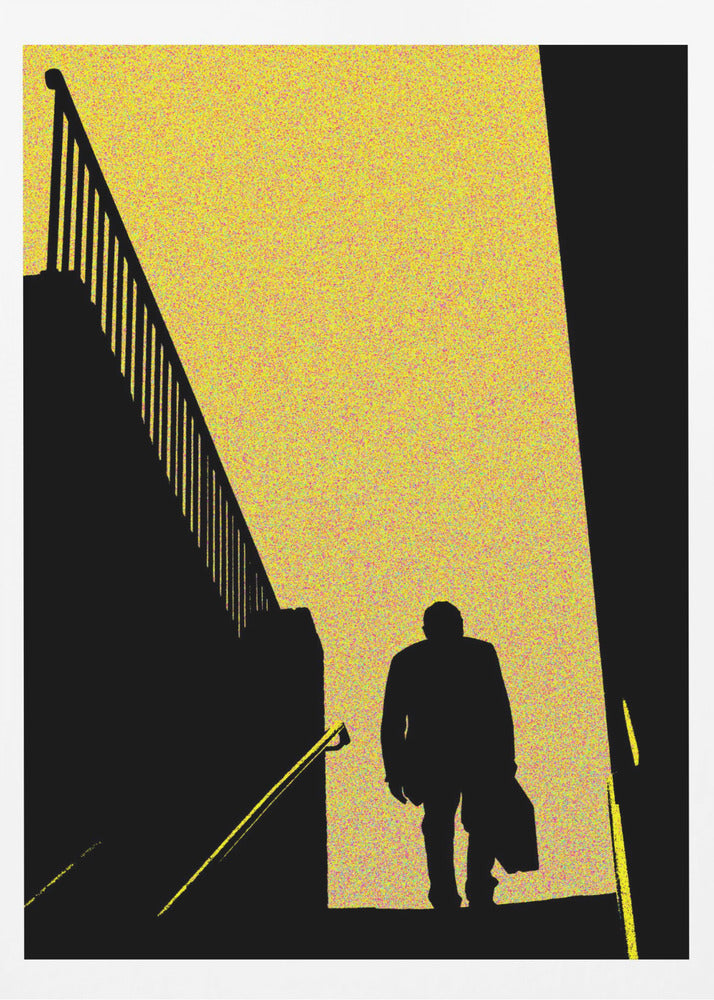 A high-contrast graphic poster featuring the black silhouette of a man walking down a flight of stairs. He is moving from a bright, speckled yellow background into a dark foreground. To the left is the stark silhouette of another staircase and railing, creating a dramatic, mysterious, film noir-style scene. Print