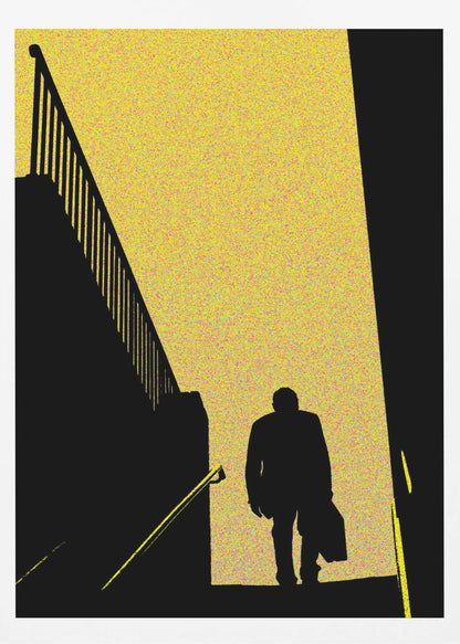 A high-contrast graphic poster featuring the black silhouette of a man walking down a flight of stairs. He is moving from a bright, speckled yellow background into a dark foreground. To the left is the stark silhouette of another staircase and railing, creating a dramatic, mysterious, film noir-style scene. Print