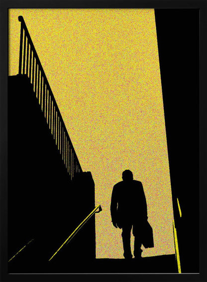 A high-contrast graphic poster featuring the black silhouette of a man walking down a flight of stairs. He is moving from a bright, speckled yellow background into a dark foreground. To the left is the stark silhouette of another staircase and railing, creating a dramatic, mysterious, film noir-style scene. Print