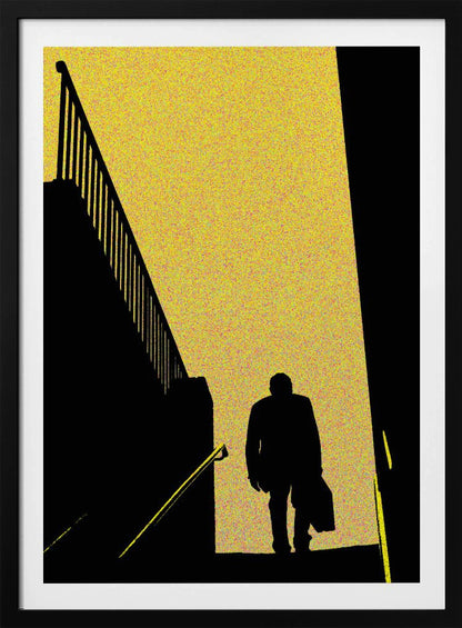 A high-contrast graphic poster featuring the black silhouette of a man walking down a flight of stairs. He is moving from a bright, speckled yellow background into a dark foreground. To the left is the stark silhouette of another staircase and railing, creating a dramatic, mysterious, film noir-style scene. Print