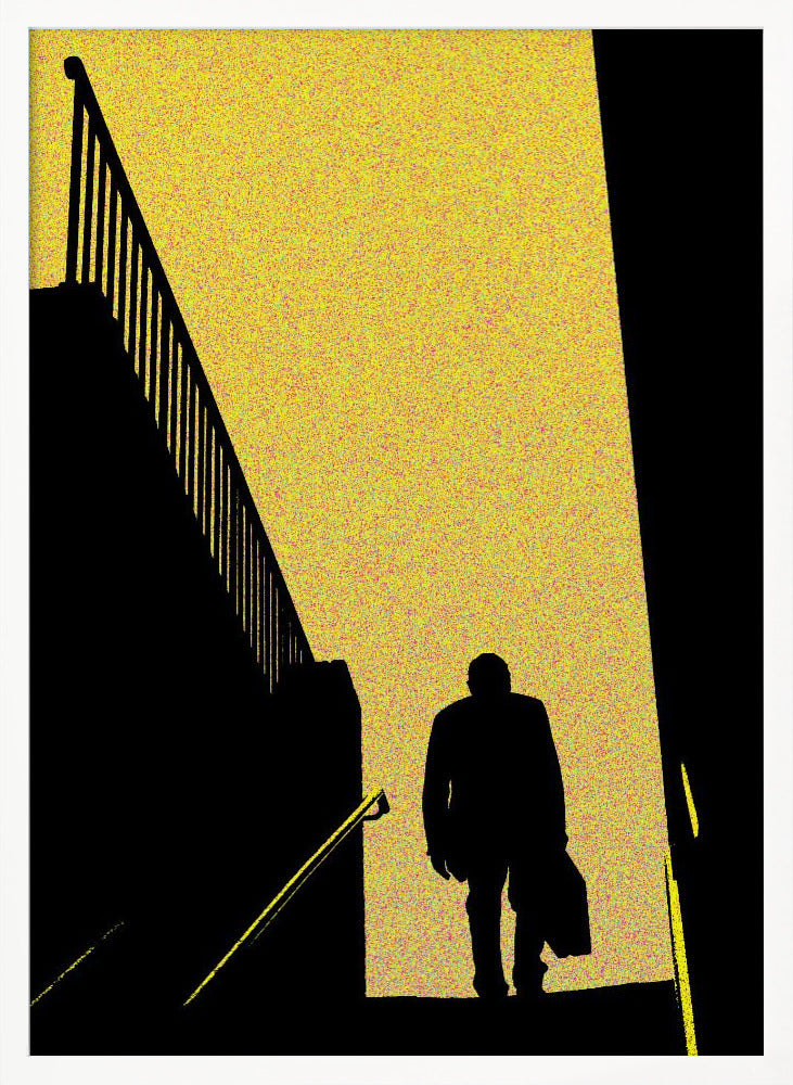 A high-contrast graphic poster featuring the black silhouette of a man walking down a flight of stairs. He is moving from a bright, speckled yellow background into a dark foreground. To the left is the stark silhouette of another staircase and railing, creating a dramatic, mysterious, film noir-style scene. Print