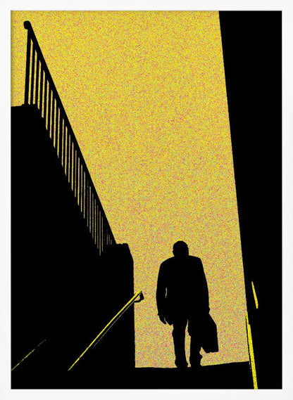 A high-contrast graphic poster featuring the black silhouette of a man walking down a flight of stairs. He is moving from a bright, speckled yellow background into a dark foreground. To the left is the stark silhouette of another staircase and railing, creating a dramatic, mysterious, film noir-style scene. Print