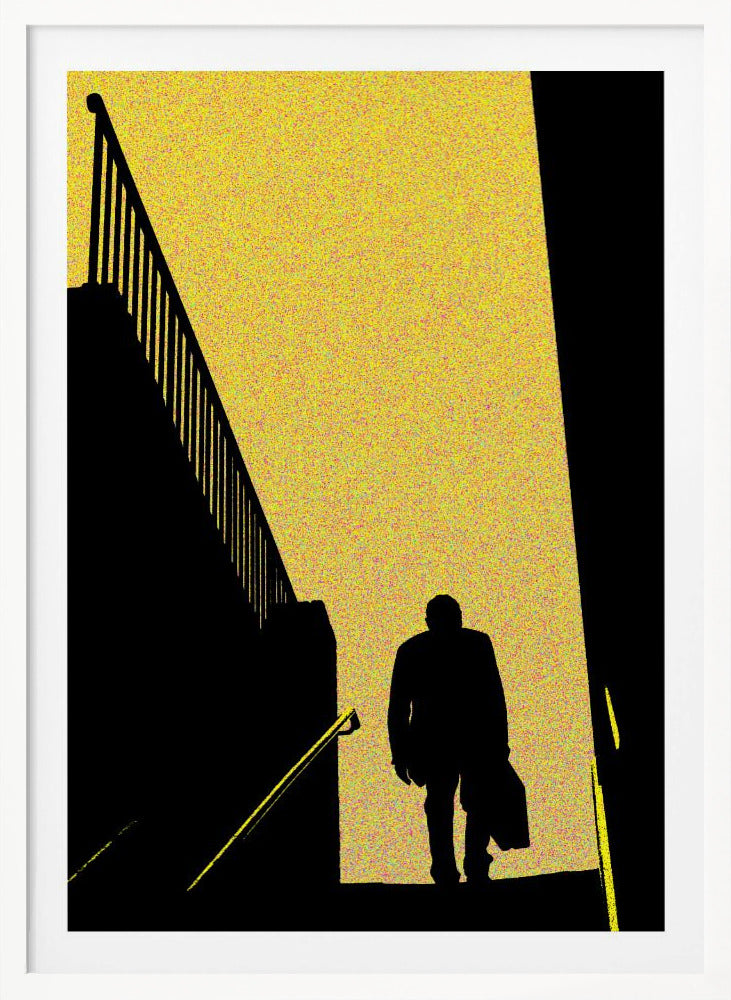 A high-contrast graphic poster featuring the black silhouette of a man walking down a flight of stairs. He is moving from a bright, speckled yellow background into a dark foreground. To the left is the stark silhouette of another staircase and railing, creating a dramatic, mysterious, film noir-style scene. Print