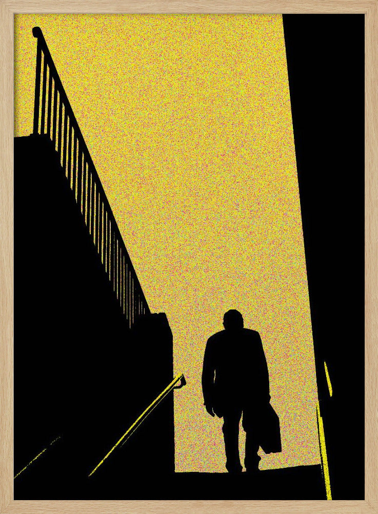 A high-contrast graphic poster featuring the black silhouette of a man walking down a flight of stairs. He is moving from a bright, speckled yellow background into a dark foreground. To the left is the stark silhouette of another staircase and railing, creating a dramatic, mysterious, film noir-style scene. Print