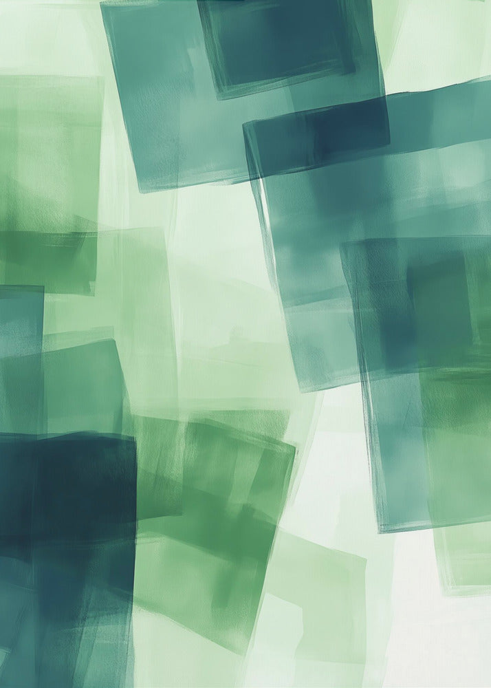 An abstract painting in a black frame, featuring overlapping, semi-transparent squares in shades of green and dark teal against a light green background, creating a layered, watercolor-like effect. Artwork