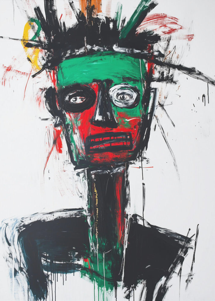 An abstract neo-expressionist portrait of a figure with a green and red face, wide, frantic eyes, and spiky black hair against a stark white background, painted with raw, energetic brushstrokes. Artwork