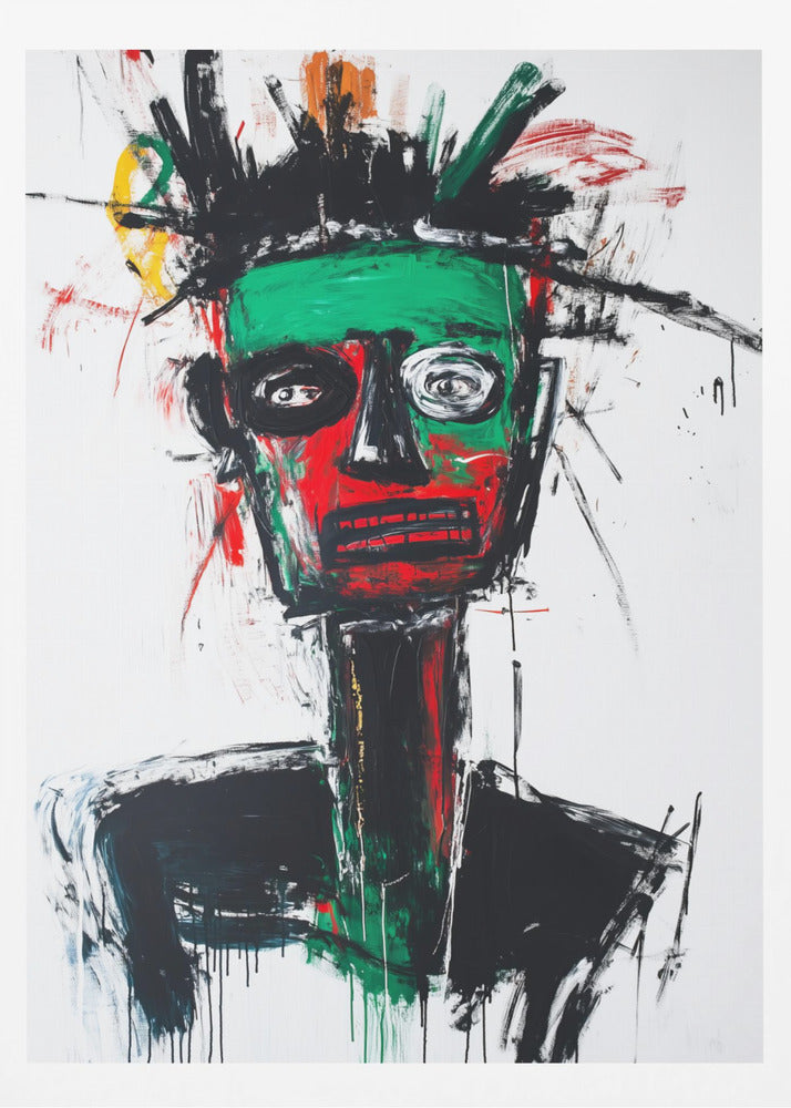An abstract neo-expressionist portrait of a figure with a green and red face, wide, frantic eyes, and spiky black hair against a stark white background, painted with raw, energetic brushstrokes. Artwork