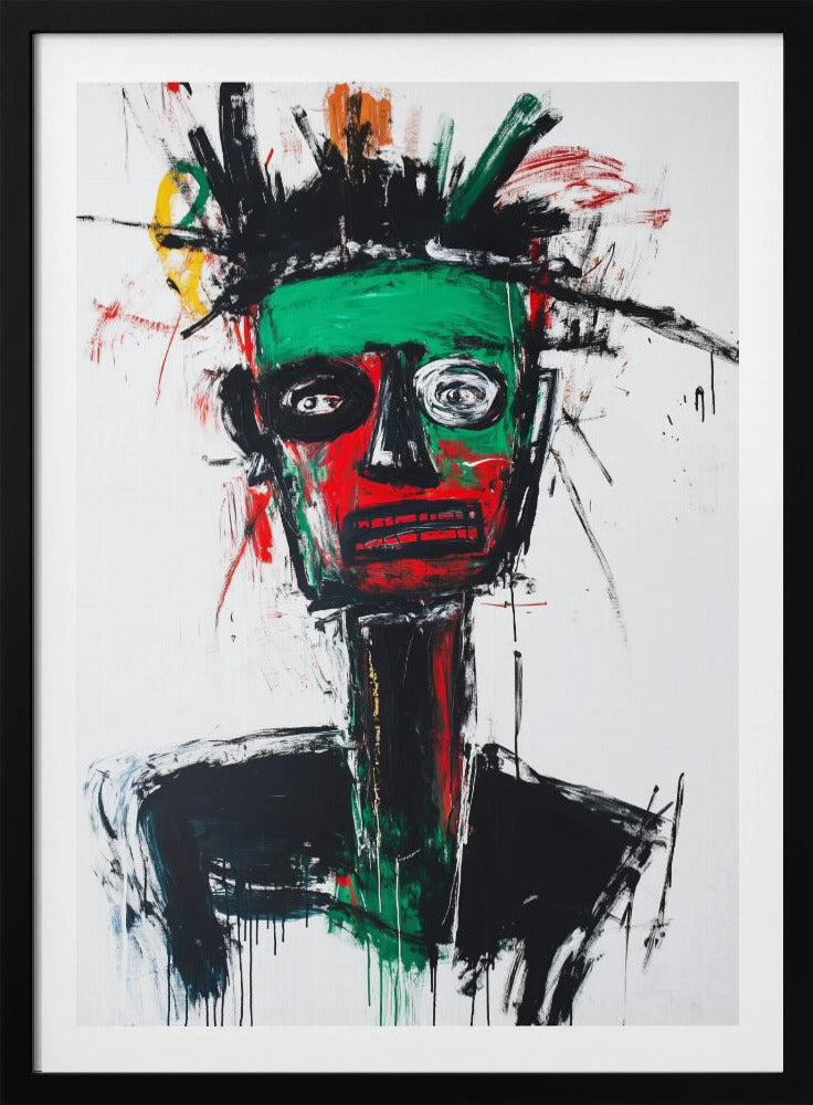 An abstract neo-expressionist portrait of a figure with a green and red face, wide, frantic eyes, and spiky black hair against a stark white background, painted with raw, energetic brushstrokes. Artwork