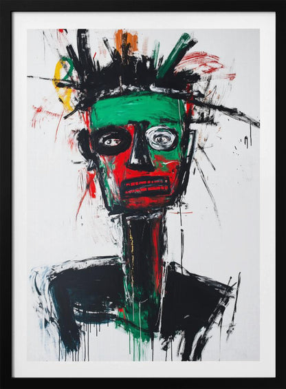 An abstract neo-expressionist portrait of a figure with a green and red face, wide, frantic eyes, and spiky black hair against a stark white background, painted with raw, energetic brushstrokes. Artwork