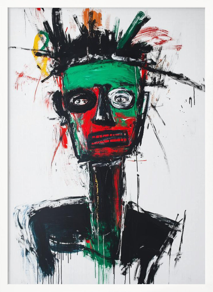 An abstract neo-expressionist portrait of a figure with a green and red face, wide, frantic eyes, and spiky black hair against a stark white background, painted with raw, energetic brushstrokes. Artwork