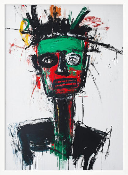 An abstract neo-expressionist portrait of a figure with a green and red face, wide, frantic eyes, and spiky black hair against a stark white background, painted with raw, energetic brushstrokes. Artwork
