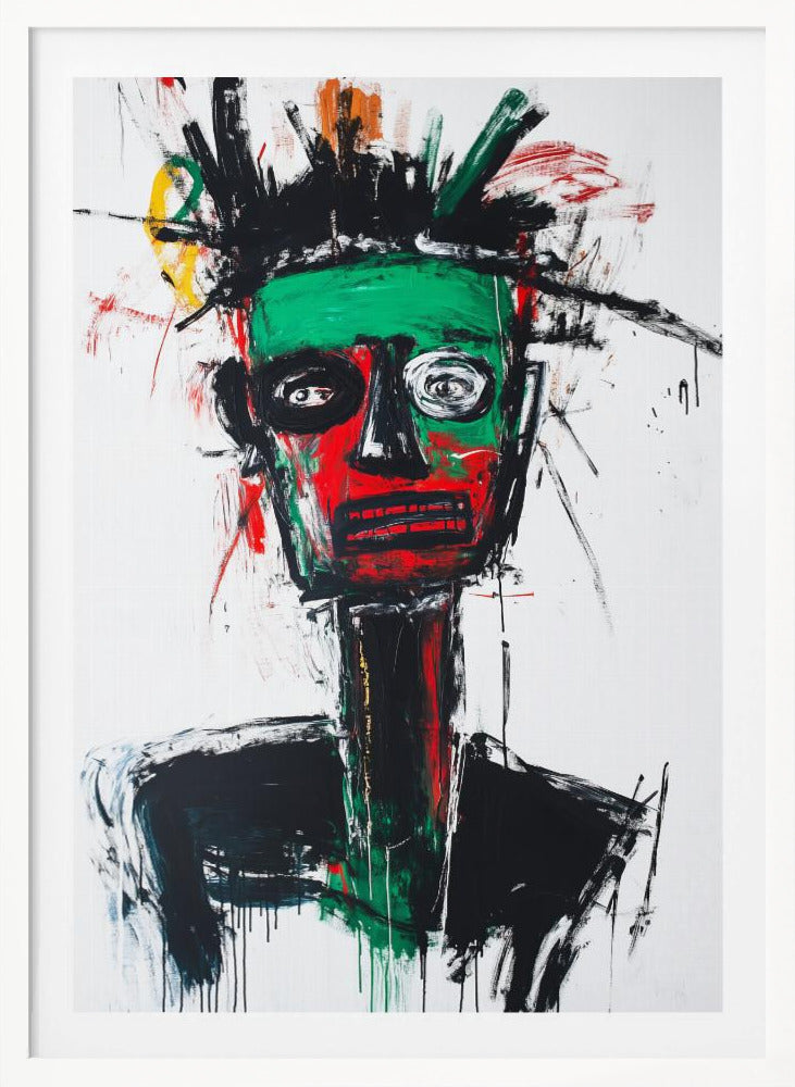 An abstract neo-expressionist portrait of a figure with a green and red face, wide, frantic eyes, and spiky black hair against a stark white background, painted with raw, energetic brushstrokes. Artwork