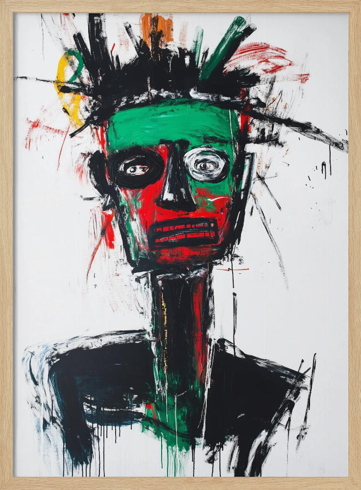 An abstract neo-expressionist portrait of a figure with a green and red face, wide, frantic eyes, and spiky black hair against a stark white background, painted with raw, energetic brushstrokes. Artwork