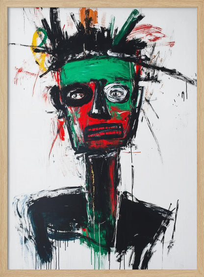 An abstract neo-expressionist portrait of a figure with a green and red face, wide, frantic eyes, and spiky black hair against a stark white background, painted with raw, energetic brushstrokes. Artwork