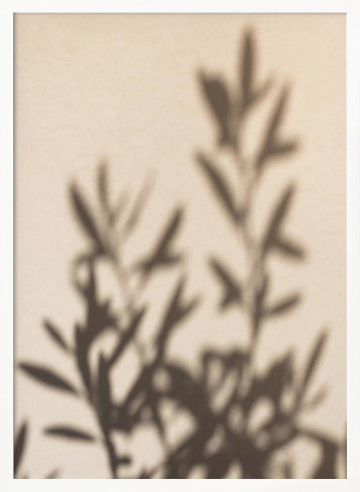 A framed photograph featuring the soft, out-of-focus shadow of a leafy plant projected onto a warm, beige-colored wall. The image has a minimalist and tranquil aesthetic, focusing on the interplay of light and shadow. Wall Art