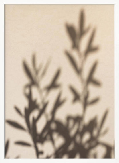A framed photograph featuring the soft, out-of-focus shadow of a leafy plant projected onto a warm, beige-colored wall. The image has a minimalist and tranquil aesthetic, focusing on the interplay of light and shadow. Wall Art