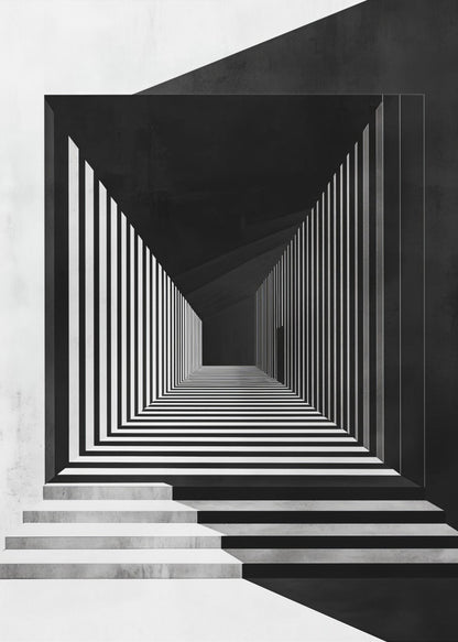 A stark black and white architectural illustration of a seemingly infinite corridor. Strong perspective lines are created by alternating black and white stripes on the walls and floor, creating a powerful optical illusion. Concrete steps lead into the scene from the foreground, and a faint, solitary figure stands in the distant shadows. Wall Art