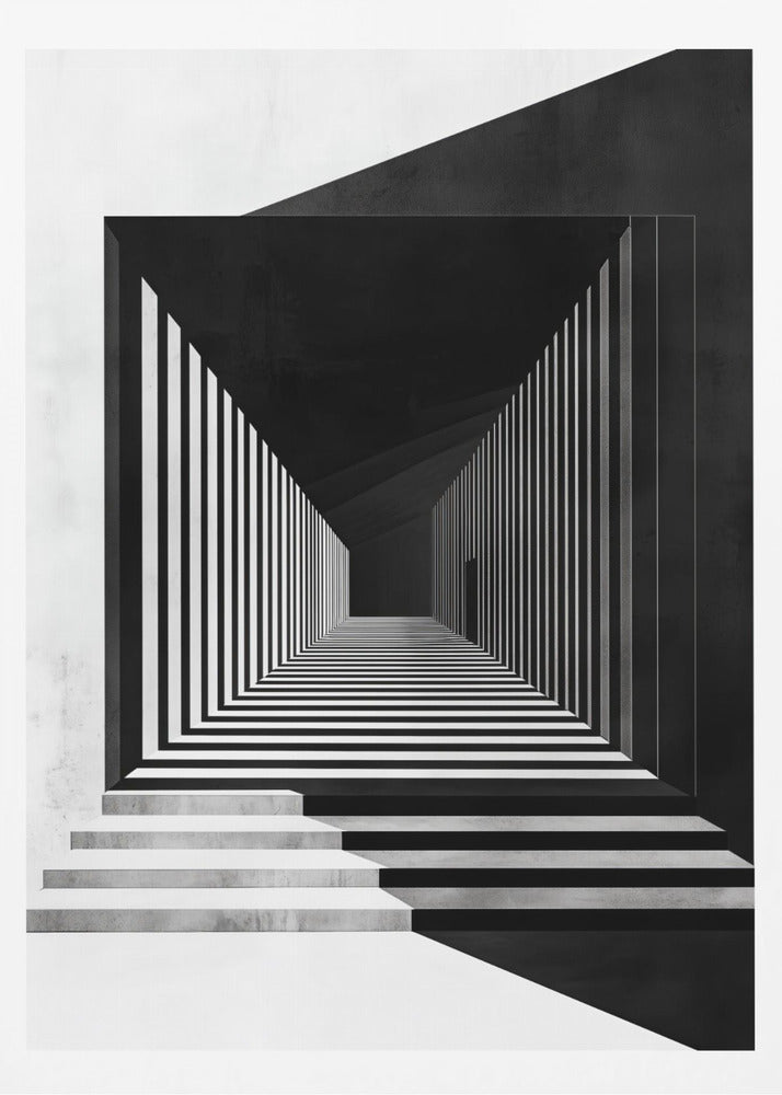 A stark black and white architectural illustration of a seemingly infinite corridor. Strong perspective lines are created by alternating black and white stripes on the walls and floor, creating a powerful optical illusion. Concrete steps lead into the scene from the foreground, and a faint, solitary figure stands in the distant shadows. Wall Art