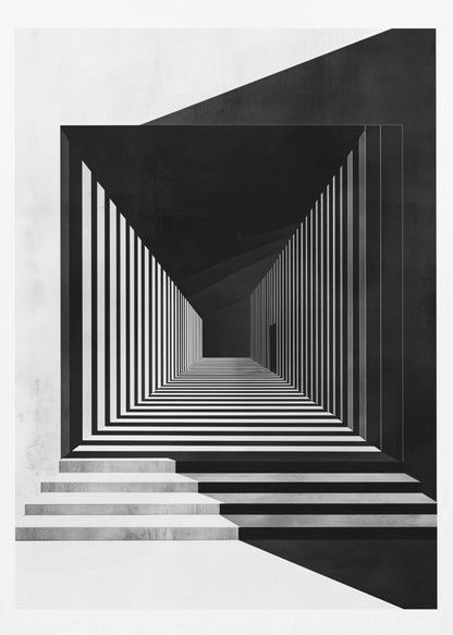 A stark black and white architectural illustration of a seemingly infinite corridor. Strong perspective lines are created by alternating black and white stripes on the walls and floor, creating a powerful optical illusion. Concrete steps lead into the scene from the foreground, and a faint, solitary figure stands in the distant shadows. Wall Art