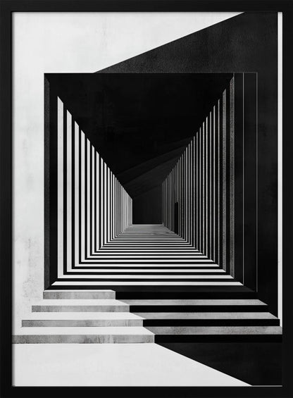 A stark black and white architectural illustration of a seemingly infinite corridor. Strong perspective lines are created by alternating black and white stripes on the walls and floor, creating a powerful optical illusion. Concrete steps lead into the scene from the foreground, and a faint, solitary figure stands in the distant shadows. Wall Art
