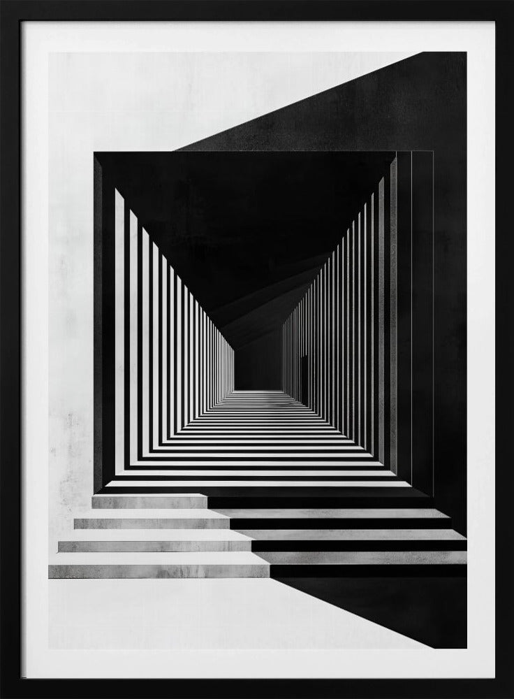 A stark black and white architectural illustration of a seemingly infinite corridor. Strong perspective lines are created by alternating black and white stripes on the walls and floor, creating a powerful optical illusion. Concrete steps lead into the scene from the foreground, and a faint, solitary figure stands in the distant shadows. Wall Art