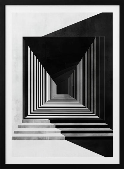 A stark black and white architectural illustration of a seemingly infinite corridor. Strong perspective lines are created by alternating black and white stripes on the walls and floor, creating a powerful optical illusion. Concrete steps lead into the scene from the foreground, and a faint, solitary figure stands in the distant shadows. Wall Art
