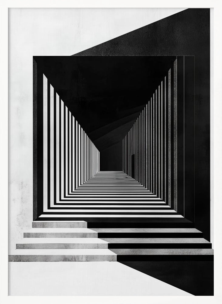A stark black and white architectural illustration of a seemingly infinite corridor. Strong perspective lines are created by alternating black and white stripes on the walls and floor, creating a powerful optical illusion. Concrete steps lead into the scene from the foreground, and a faint, solitary figure stands in the distant shadows. Wall Art