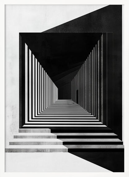 A stark black and white architectural illustration of a seemingly infinite corridor. Strong perspective lines are created by alternating black and white stripes on the walls and floor, creating a powerful optical illusion. Concrete steps lead into the scene from the foreground, and a faint, solitary figure stands in the distant shadows. Wall Art