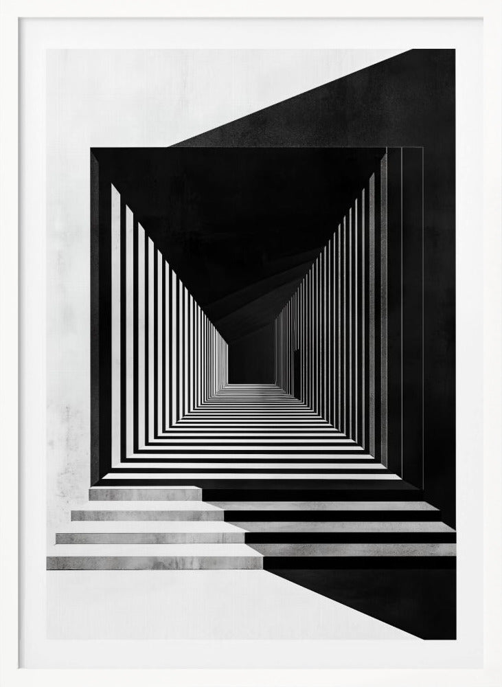 A stark black and white architectural illustration of a seemingly infinite corridor. Strong perspective lines are created by alternating black and white stripes on the walls and floor, creating a powerful optical illusion. Concrete steps lead into the scene from the foreground, and a faint, solitary figure stands in the distant shadows. Wall Art