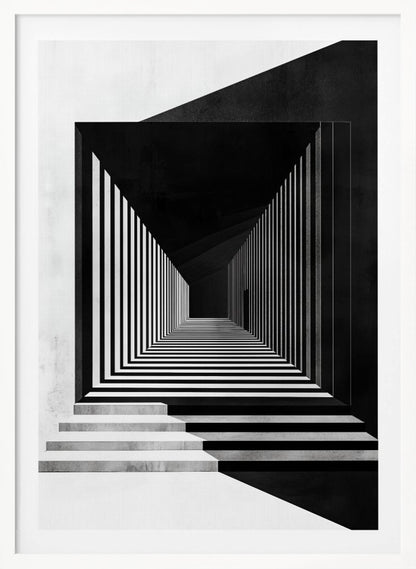A stark black and white architectural illustration of a seemingly infinite corridor. Strong perspective lines are created by alternating black and white stripes on the walls and floor, creating a powerful optical illusion. Concrete steps lead into the scene from the foreground, and a faint, solitary figure stands in the distant shadows. Wall Art