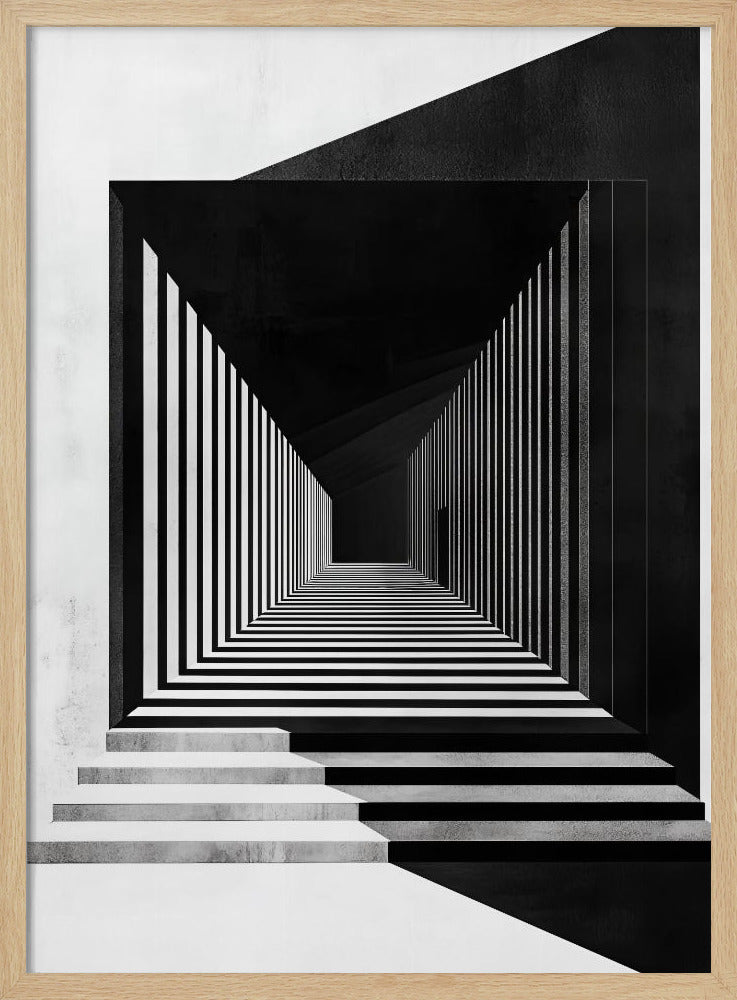 A stark black and white architectural illustration of a seemingly infinite corridor. Strong perspective lines are created by alternating black and white stripes on the walls and floor, creating a powerful optical illusion. Concrete steps lead into the scene from the foreground, and a faint, solitary figure stands in the distant shadows. Wall Art