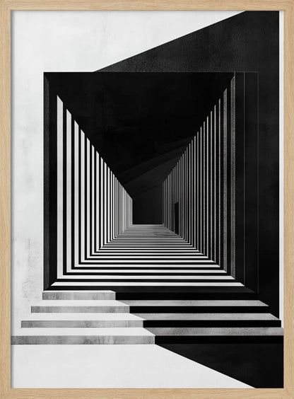 A stark black and white architectural illustration of a seemingly infinite corridor. Strong perspective lines are created by alternating black and white stripes on the walls and floor, creating a powerful optical illusion. Concrete steps lead into the scene from the foreground, and a faint, solitary figure stands in the distant shadows. Wall Art