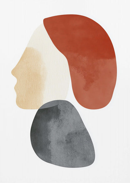 A minimalist abstract artwork in a black frame, featuring overlapping shapes that form a stylized human profile. The face is a light beige, topped with a rust-red shape like hair, and a dark grey, stone-like shape is positioned below the chin, all on a white background. Artwork