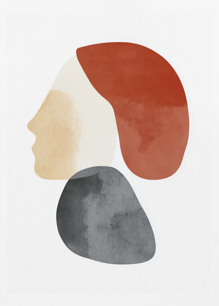 A minimalist abstract artwork in a black frame, featuring overlapping shapes that form a stylized human profile. The face is a light beige, topped with a rust-red shape like hair, and a dark grey, stone-like shape is positioned below the chin, all on a white background. Artwork