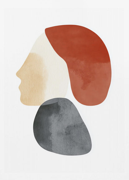 A minimalist abstract artwork in a black frame, featuring overlapping shapes that form a stylized human profile. The face is a light beige, topped with a rust-red shape like hair, and a dark grey, stone-like shape is positioned below the chin, all on a white background. Artwork