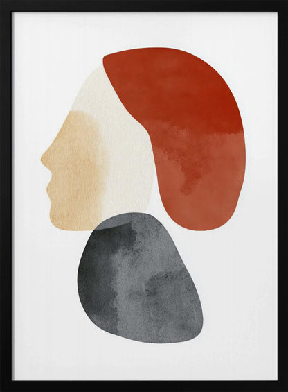 A minimalist abstract artwork in a black frame, featuring overlapping shapes that form a stylized human profile. The face is a light beige, topped with a rust-red shape like hair, and a dark grey, stone-like shape is positioned below the chin, all on a white background. Artwork