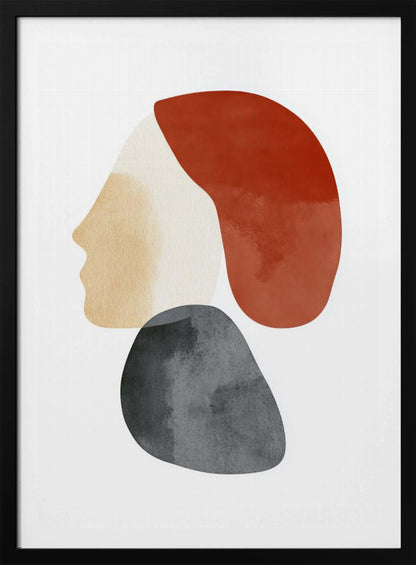 A minimalist abstract artwork in a black frame, featuring overlapping shapes that form a stylized human profile. The face is a light beige, topped with a rust-red shape like hair, and a dark grey, stone-like shape is positioned below the chin, all on a white background. Artwork