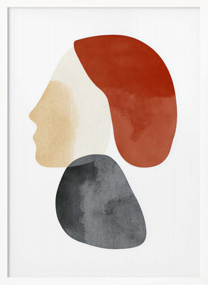 A minimalist abstract artwork in a black frame, featuring overlapping shapes that form a stylized human profile. The face is a light beige, topped with a rust-red shape like hair, and a dark grey, stone-like shape is positioned below the chin, all on a white background. Artwork