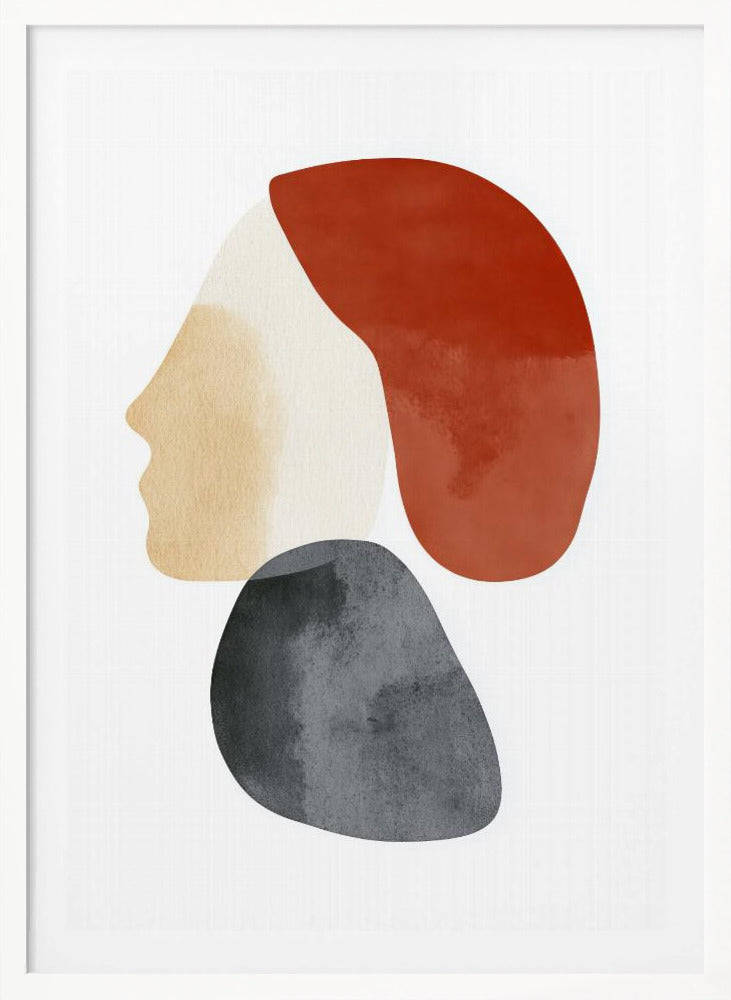 A minimalist abstract artwork in a black frame, featuring overlapping shapes that form a stylized human profile. The face is a light beige, topped with a rust-red shape like hair, and a dark grey, stone-like shape is positioned below the chin, all on a white background. Artwork