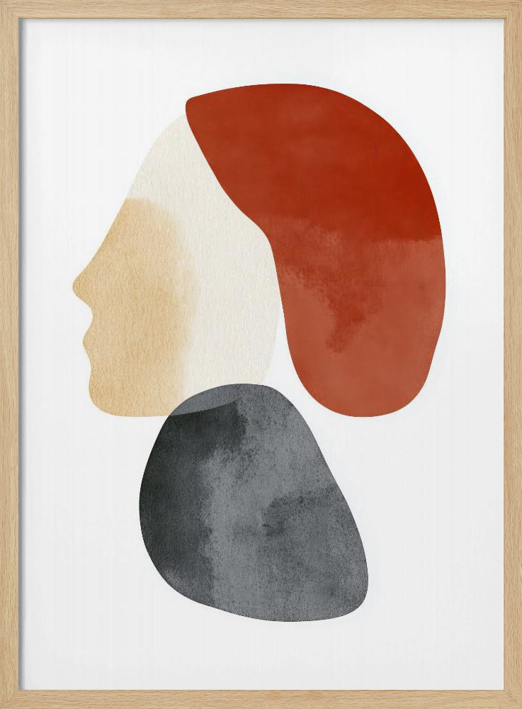 A minimalist abstract artwork in a black frame, featuring overlapping shapes that form a stylized human profile. The face is a light beige, topped with a rust-red shape like hair, and a dark grey, stone-like shape is positioned below the chin, all on a white background. Artwork
