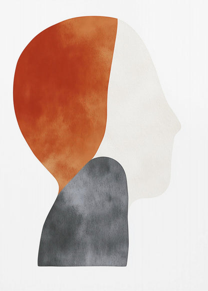 A minimalist abstract painting of a human silhouette in profile, framed in black. The artwork uses three overlapping organic shapes with a watercolor texture: a burnt orange shape for the back of the head, a dark grey shape for the shoulders, and an off-white shape for the face, all on a white background. Artwork