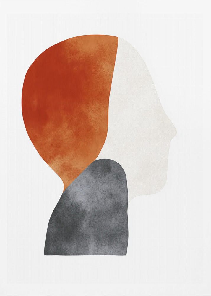 A minimalist abstract painting of a human silhouette in profile, framed in black. The artwork uses three overlapping organic shapes with a watercolor texture: a burnt orange shape for the back of the head, a dark grey shape for the shoulders, and an off-white shape for the face, all on a white background. Artwork