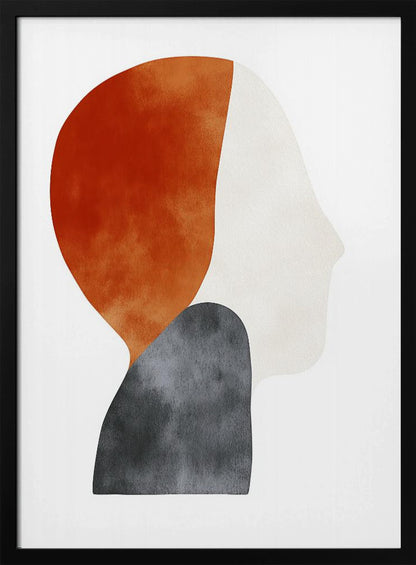 A minimalist abstract painting of a human silhouette in profile, framed in black. The artwork uses three overlapping organic shapes with a watercolor texture: a burnt orange shape for the back of the head, a dark grey shape for the shoulders, and an off-white shape for the face, all on a white background. Artwork