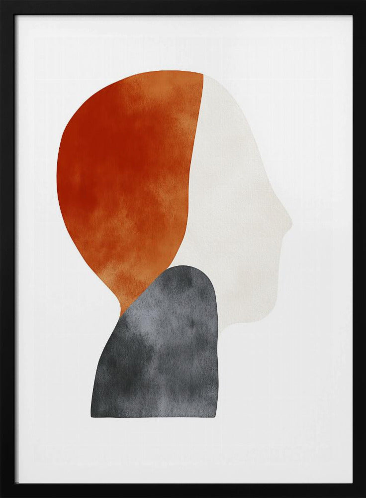 A minimalist abstract painting of a human silhouette in profile, framed in black. The artwork uses three overlapping organic shapes with a watercolor texture: a burnt orange shape for the back of the head, a dark grey shape for the shoulders, and an off-white shape for the face, all on a white background. Artwork