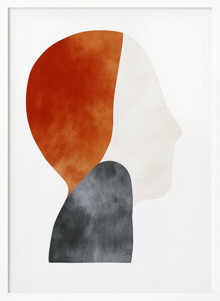 A minimalist abstract painting of a human silhouette in profile, framed in black. The artwork uses three overlapping organic shapes with a watercolor texture: a burnt orange shape for the back of the head, a dark grey shape for the shoulders, and an off-white shape for the face, all on a white background. Artwork