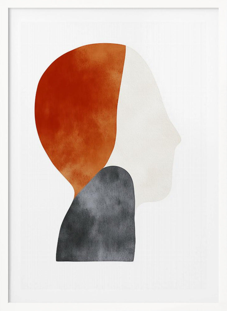 A minimalist abstract painting of a human silhouette in profile, framed in black. The artwork uses three overlapping organic shapes with a watercolor texture: a burnt orange shape for the back of the head, a dark grey shape for the shoulders, and an off-white shape for the face, all on a white background. Artwork